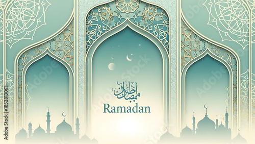 Elegant Ramadan illustration featuring Islamic arches, mosque silhouettes, and Arabic calligraphy.