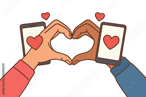 Hands forming a heart shape over cell phones with hearts