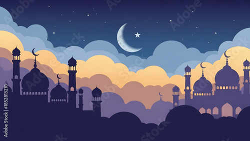 Islamic Mosques Silhouette with Crescent Moon and Stars at Dusk or Dawn