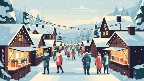 A vibrant winter scene depicting a bustling Christmas market with people strolling among festive stalls under falling snow and string lights.