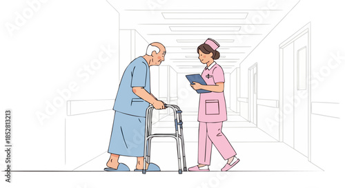 Elderly Patient Using Walker Assisted by Nurse.