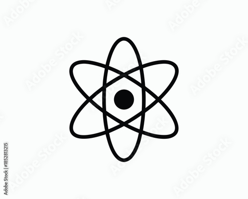Black atom symbol with orbiting electrons on white background Keywords: atom, atomic, science, symbol, nucleus