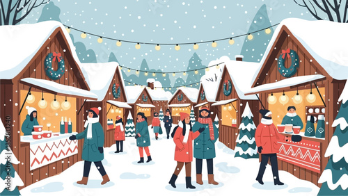A bustling outdoor winter market scene with people enjoying festive stalls, snow falling, and charming wooden booths decorated with lights and wreaths.