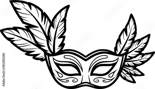 Elegant Hand-Drawn Venetian Mask with Feathers for Carnival and
