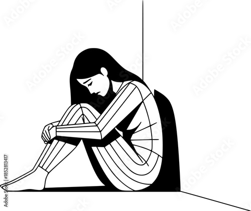 Illustration of a sad and lonely woman sitting alone in a corner, feeling down and isolated
