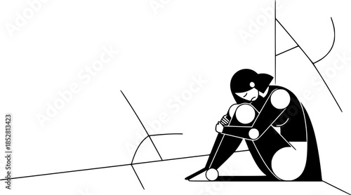 Illustration of a sad and lonely woman sitting alone in a corner, feeling down and isolated
