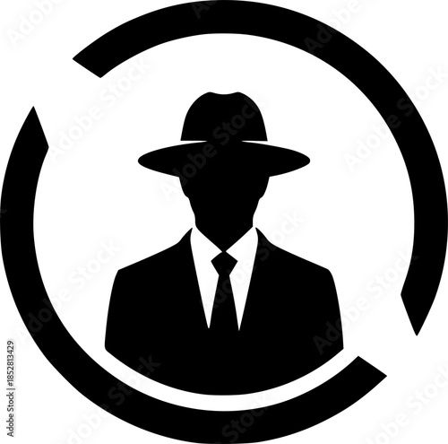 Monochrome emblem showcasing a stylized silhouette within a circ
