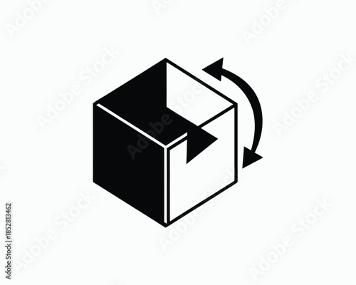 Black Icon of Open Box with Rotation Arrows Indicating Movement cube package