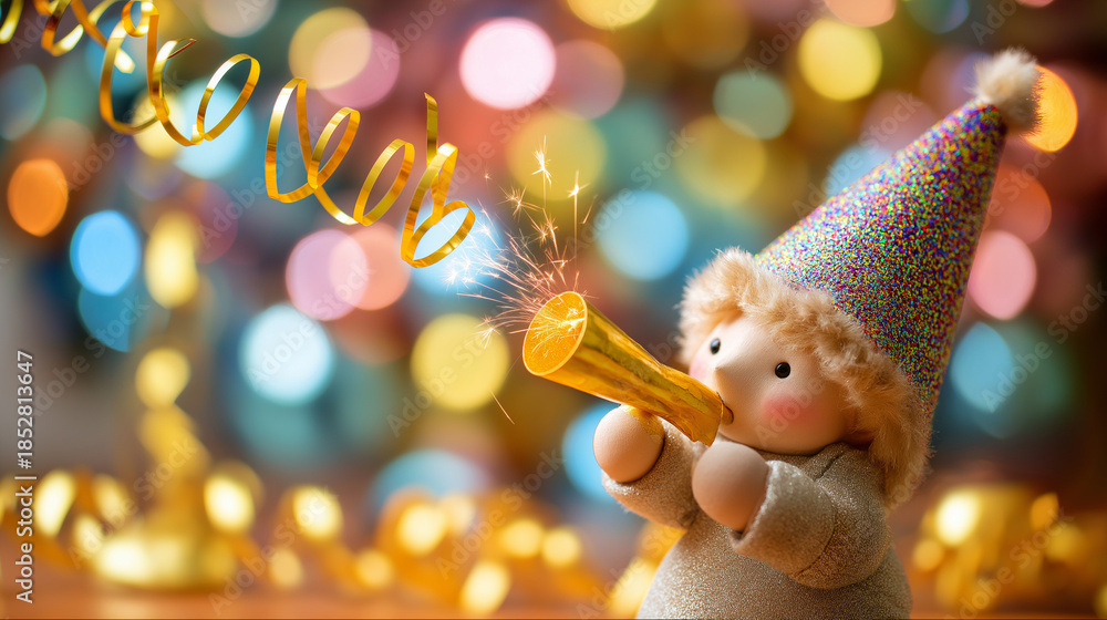 Fototapeta premium Close-up of little figure wearing party hat faceless, blowing on party horn, joyful excited expression, bright and colorful party backdrop defocused, celebration mood, with copy sp