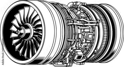 Detailed black and white illustration of a jet engine, industria
