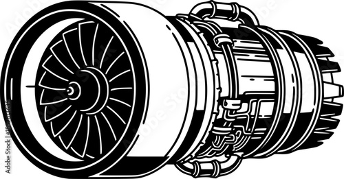 Detailed black and white illustration of a jet engine, industria
