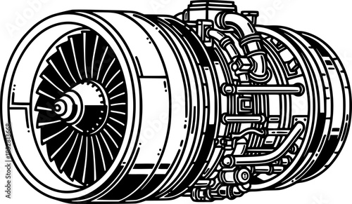 Detailed black and white illustration of a jet engine, industria

