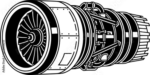 Detailed black and white illustration of a jet engine, industria
