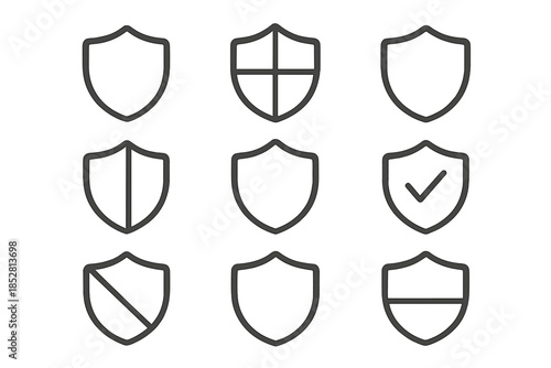 Nine shield icons on a dark, gradient background