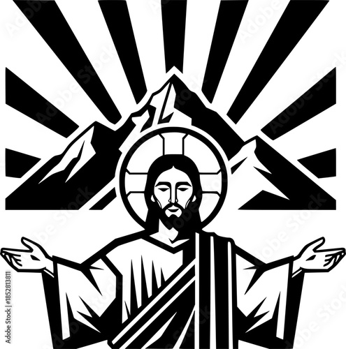 Artistic Depiction of Jesus Christ with a Mountain and Divine Rays in Monochrome
