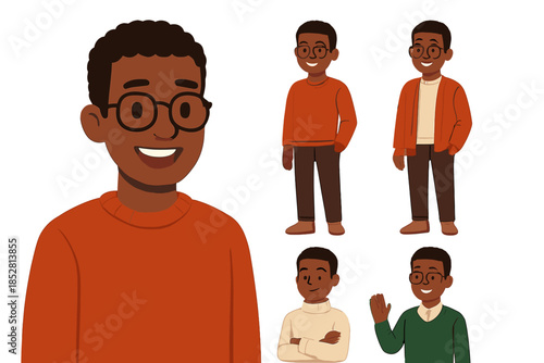 Diverse young boy cartoon collection with different outfits