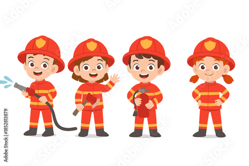 Four Happy Cartoon Firefighters in Red Uniforms