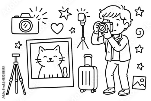 Cute Cartoon Photographer with Camera and Cat Photo