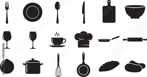 Kitchen utensil and cooking equipment icons set