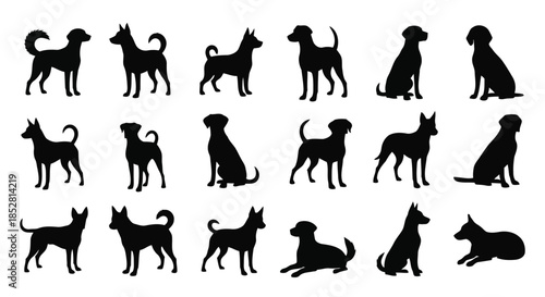 Collection of black dog silhouettes on white background vector