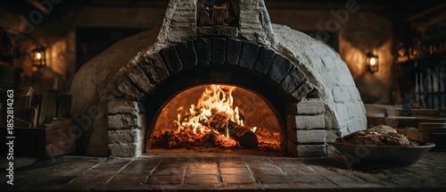 Rustic white brick pizza oven features a roaring fire burning wood logs inside with a warm glow and traditional cooking architectural details.
