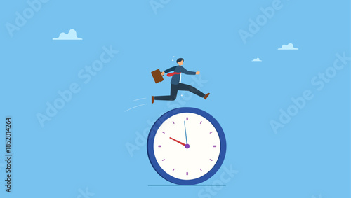 Confidence businessman employee worker jump over time passing clock. Smart time management, success in work strategy on business deadline or working time efficiency.