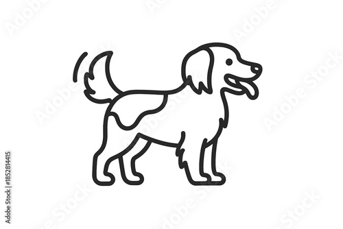 Line art illustration of a happy dog with floppy ears and a wagging tail
