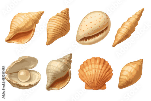 Collection of Seashells and Pearl on a Golden Background