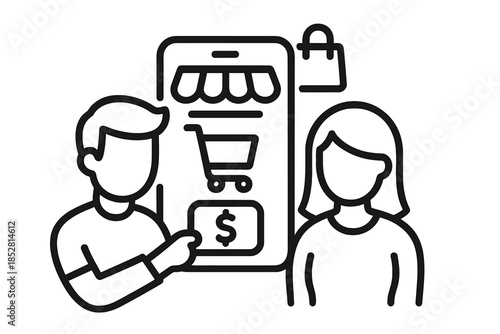 E-commerce concept with people and shopping cart on phone