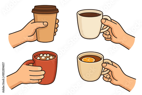 Hands holding various hot drinks