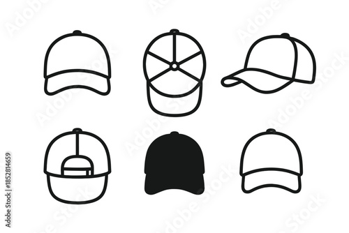 Six baseball cap icons on a dark background