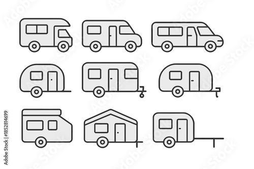 Collection of stylized line art camper vans and trailers