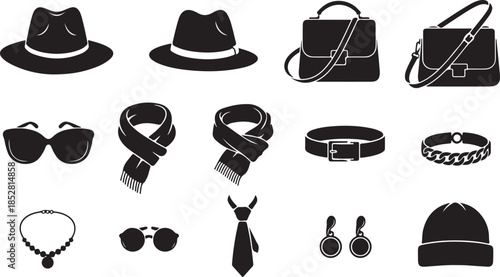 Set of black and white fashion accessories icons