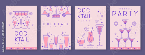 Set of line art holiday cocktail party posters with cocktail and champagne glasses. Restaurant menu design. Vector illustration