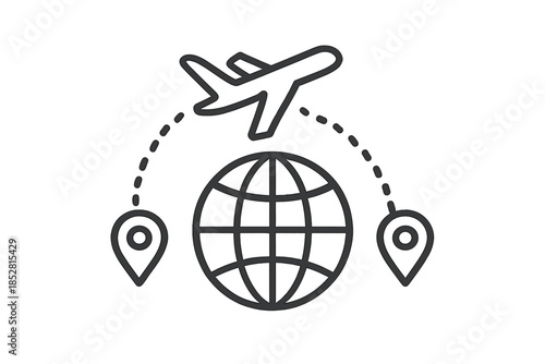 Airplane travel route around the globe icon