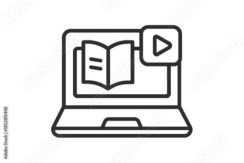 Laptop with open book and play button icon