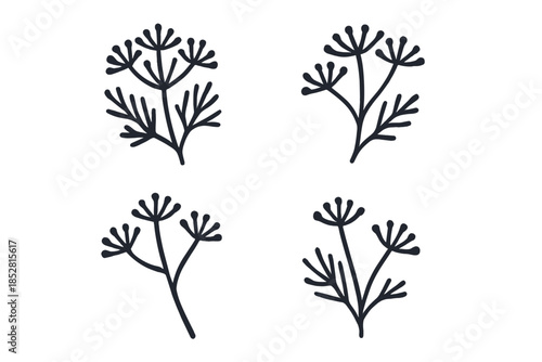 Four stylized botanical silhouettes on a gray background