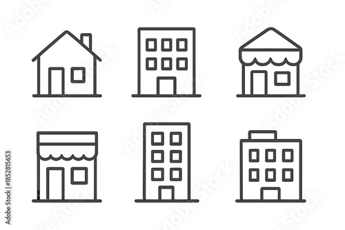 Set of simple building icons on a gradient background