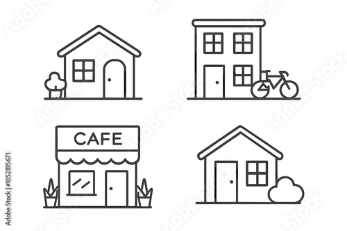Set of outline icons representing buildings and urban elements