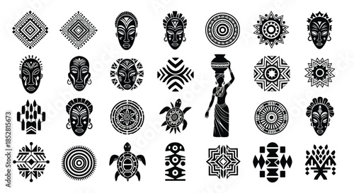Collection of African tribal masks, geometric patterns and symbolic designs on white background vector