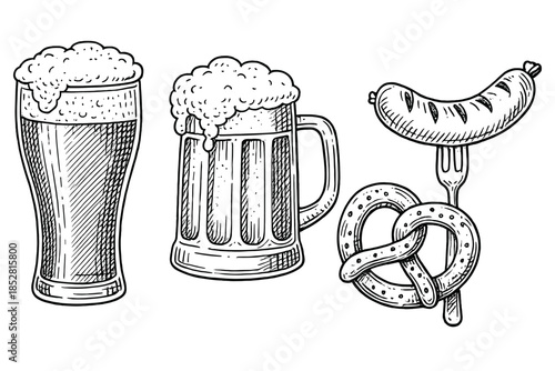 Hand-drawn beer, pretzel, and sausage on a fork