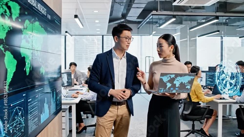 A man and woman in business attire interact with a large digital screen displaying world maps and data, surrounded by coworkers in an office setting