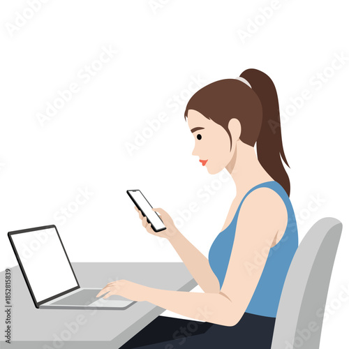 Side View of Woman Using Smartphone While Working on Laptop. Flat vector illustration isolated on white background