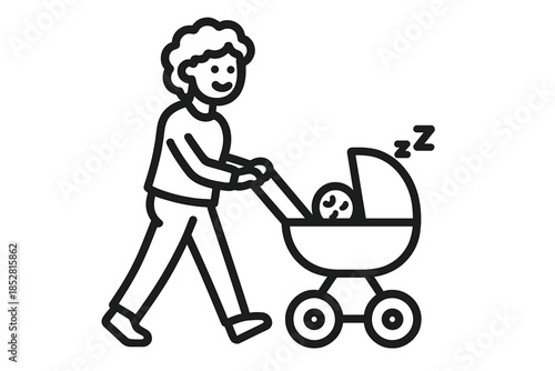 Person pushing a baby stroller with sleeping baby
