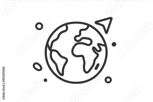 Minimalist Earth icon with airplane and orbital elements