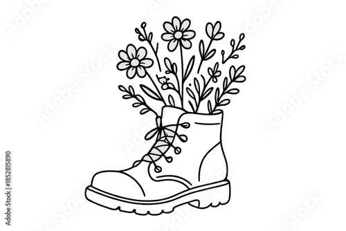 Black and White Illustration of Flowers Growing Out of a Boot