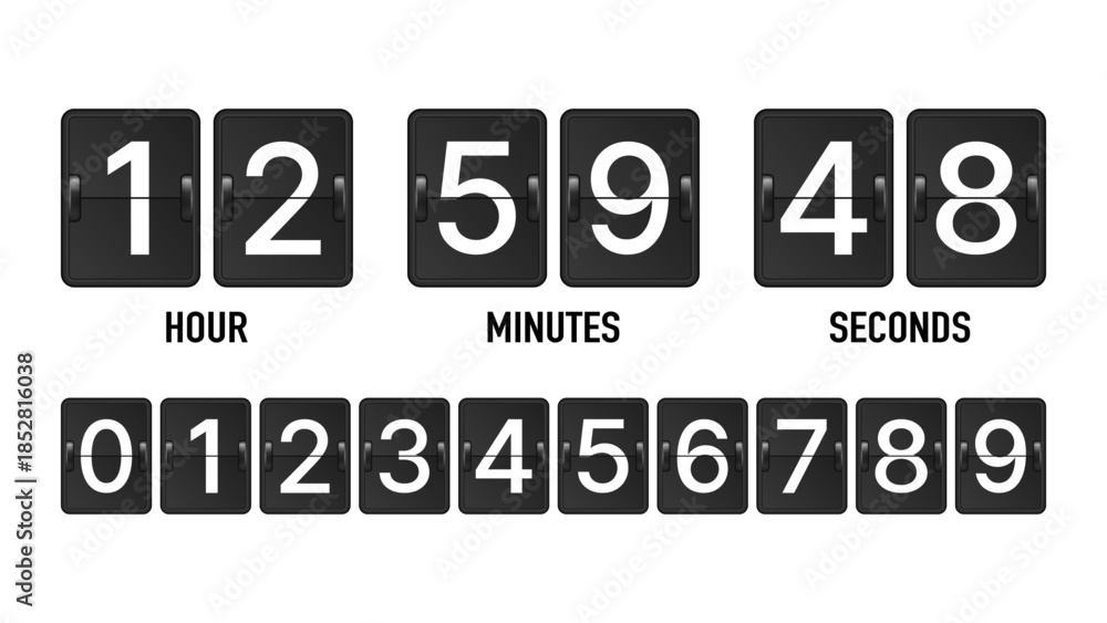 Obraz premium Flip Clock Timer Vector – Retro Black Flap Board Display Showing Hours Minutes Seconds, Mechanical Countdown Clock Numbers Set, Vintage Time Indicator Design Element