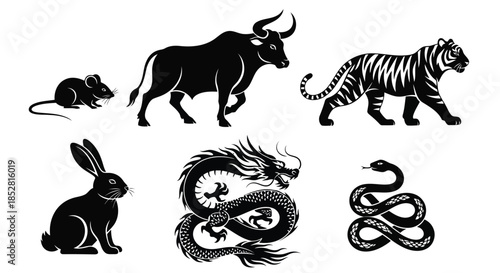 Black silhouettes of zodiac animals on white background vector