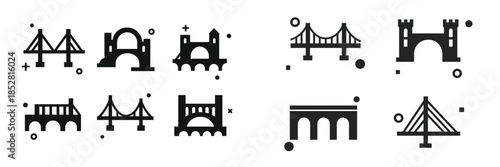 Vector illustrations of various bridge designs in monochrome style