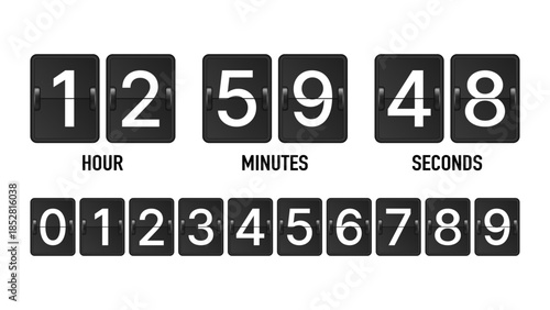 Flip Clock Timer Vector – Retro Black Flap Board Display Showing Hours Minutes Seconds, Mechanical Countdown Clock Numbers Set, Vintage Time Indicator Design Element